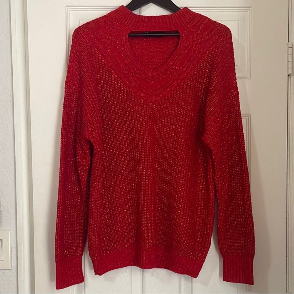 Red V-Neck Sweater with Long Sleeves and Relaxed Fit